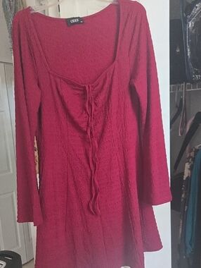 Cider Long Sleeve Red Textured Tie-Front Dress